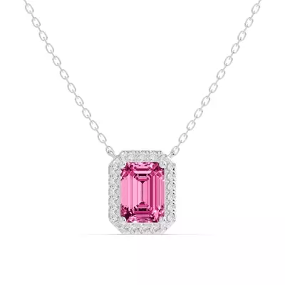 Emerald Pink Tourmaline Lab Diamond Halo Pendant