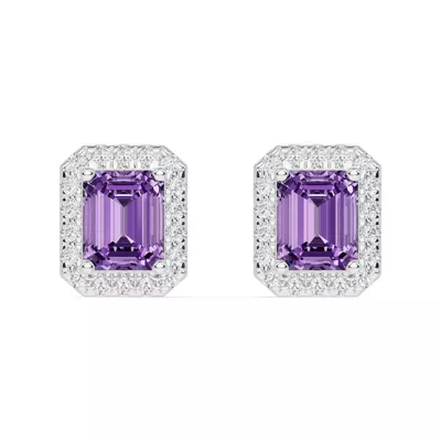 Emerald Amethyst Lab Diamond Halo Earrings