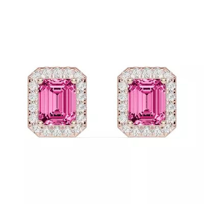 Emerald Pink Tourmaline Lab Diamond Halo Earrings