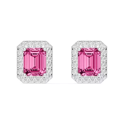 Emerald Pink Tourmaline Lab Diamond Halo Earrings