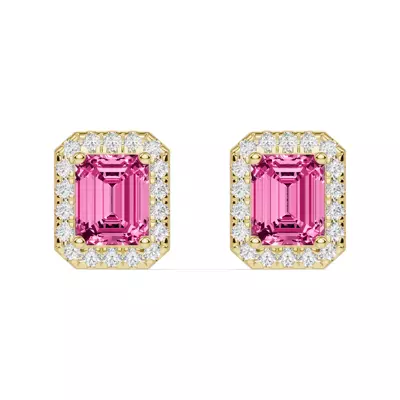 Emerald Pink Tourmaline Lab Diamond Halo Earrings