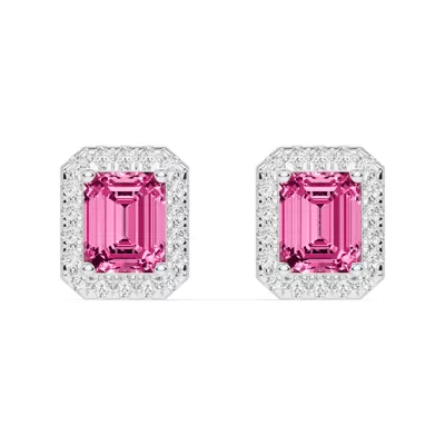 Emerald Pink Tourmaline Lab Diamond Halo Earrings