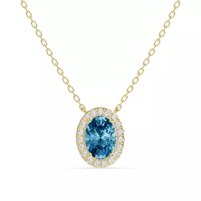 Oval Blue Topaz Lab Diamond Halo Pendant