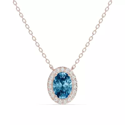 Oval Blue Topaz Lab Diamond Halo Pendant