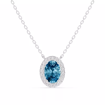 Oval Blue Topaz Lab Diamond Halo Pendant