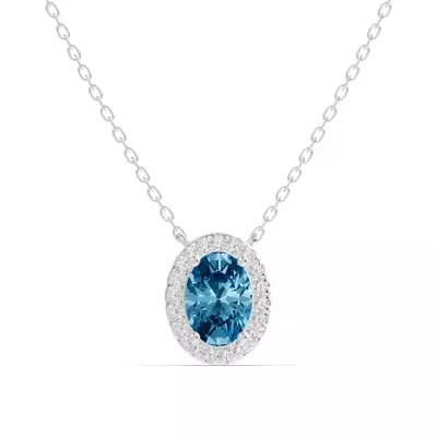 Oval Blue Topaz Lab Diamond Halo Pendant
