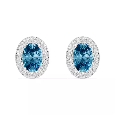 Oval Blue Topaz Lab Diamond Halo Earrings