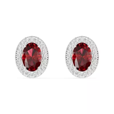 Oval Garnet Lab Diamond Halo Earrings