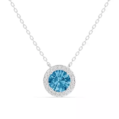 Round Blue Topaz Lab Diamond Halo Pendant