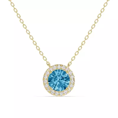 Round Blue Topaz Lab Diamond Halo Pendant