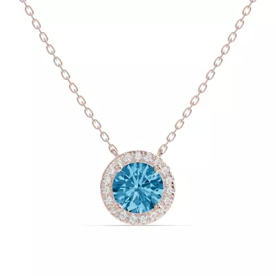 Round Blue Topaz Lab Diamond Halo Pendant