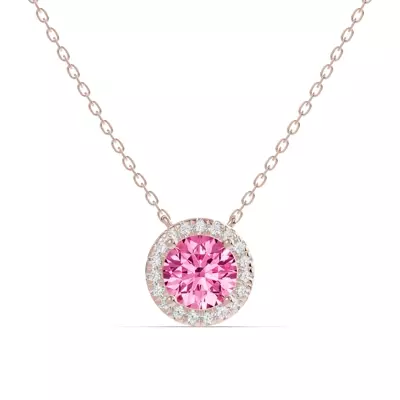 Round Pink Tourmaline Lab Diamond Halo Pendant