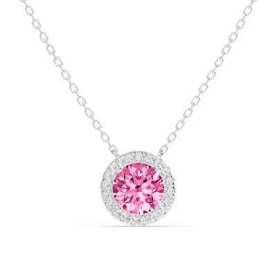 Round Pink Tourmaline Lab Diamond Halo Pendant