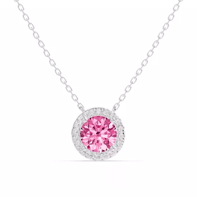 Round Pink Tourmaline Lab Diamond Halo Pendant