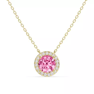 Round Pink Tourmaline Lab Diamond Halo Pendant