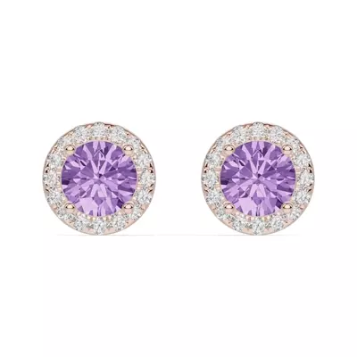 Round Amethyst Lab Diamond Halo Earrings
