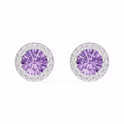Round Amethyst Lab Diamond Halo Earrings