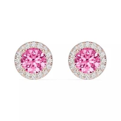 Round Pink Tourmaline Lab Diamond Halo Earrings