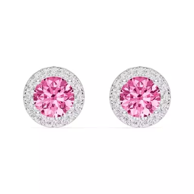Round Pink Tourmaline Lab Diamond Halo Earrings