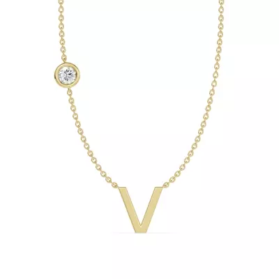 Bezel Diamond Gold Initial Necklace - V