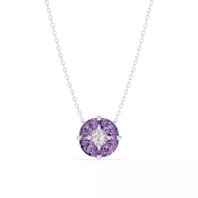 Amethyst Floral Lab Diamond Silver Necklace
