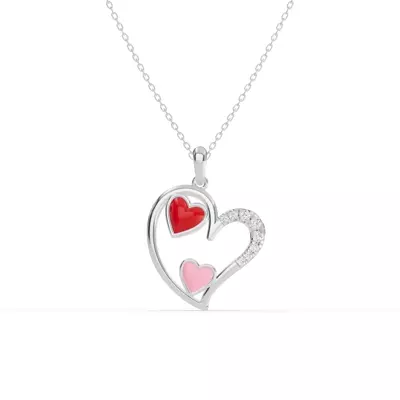 Duet Pavé Heart Silver Necklace – Red & Pink