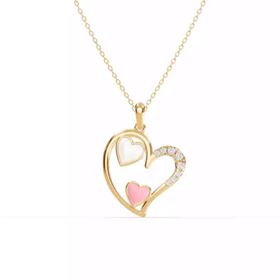 Duet Pavé Heart Necklace – White & Pink
