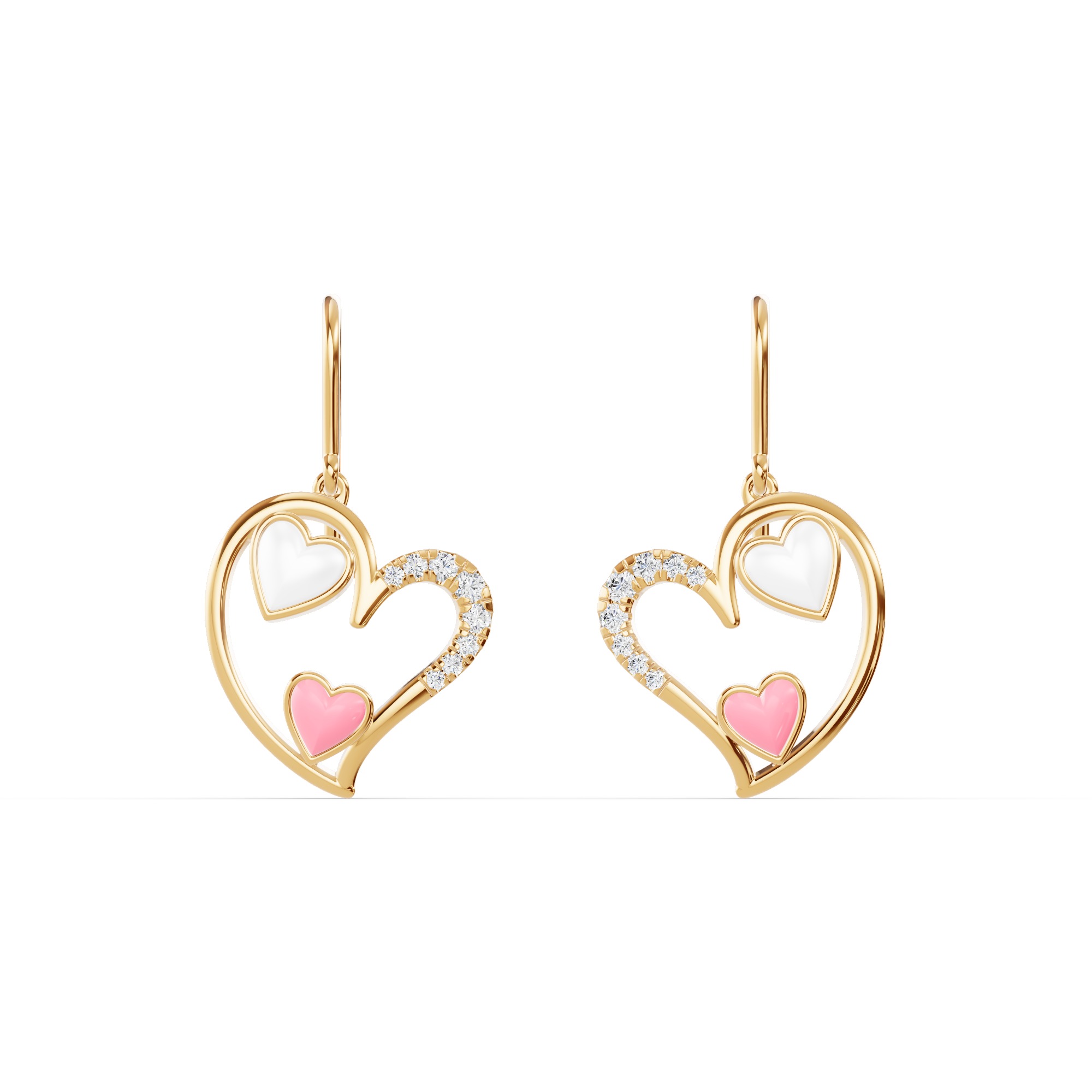 Duet Pavé Heart Earrings – White & Pink