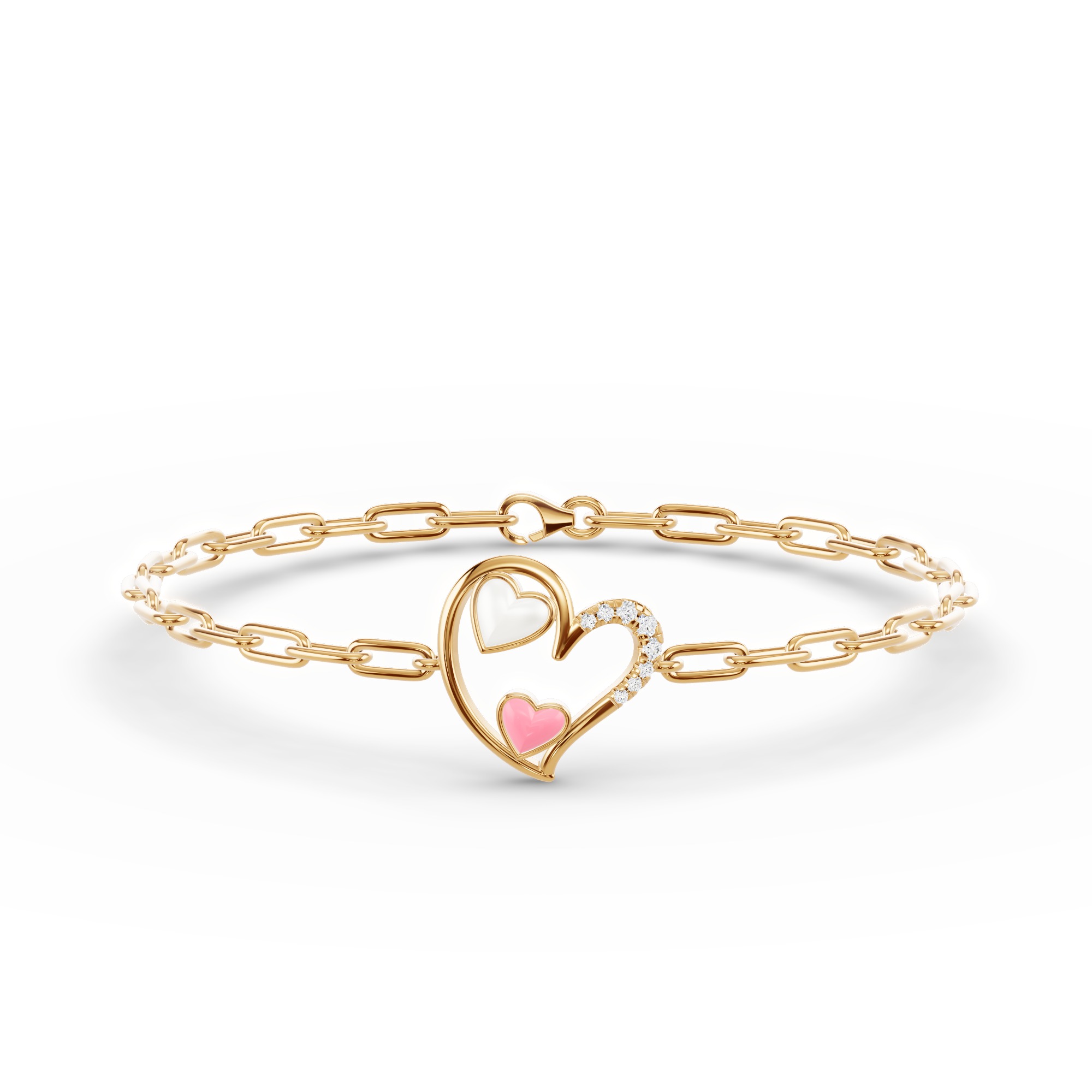 Duet Pavé Heart Bracelet – White & Pink