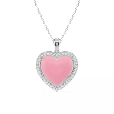 Forever Pink Heart Halo Diamond Silver Necklace