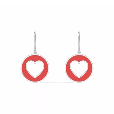 Red Ceramic Open-Heart Pavé Drop Silver Earrings