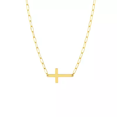Sideways Cross Paper Clip Gold Necklace