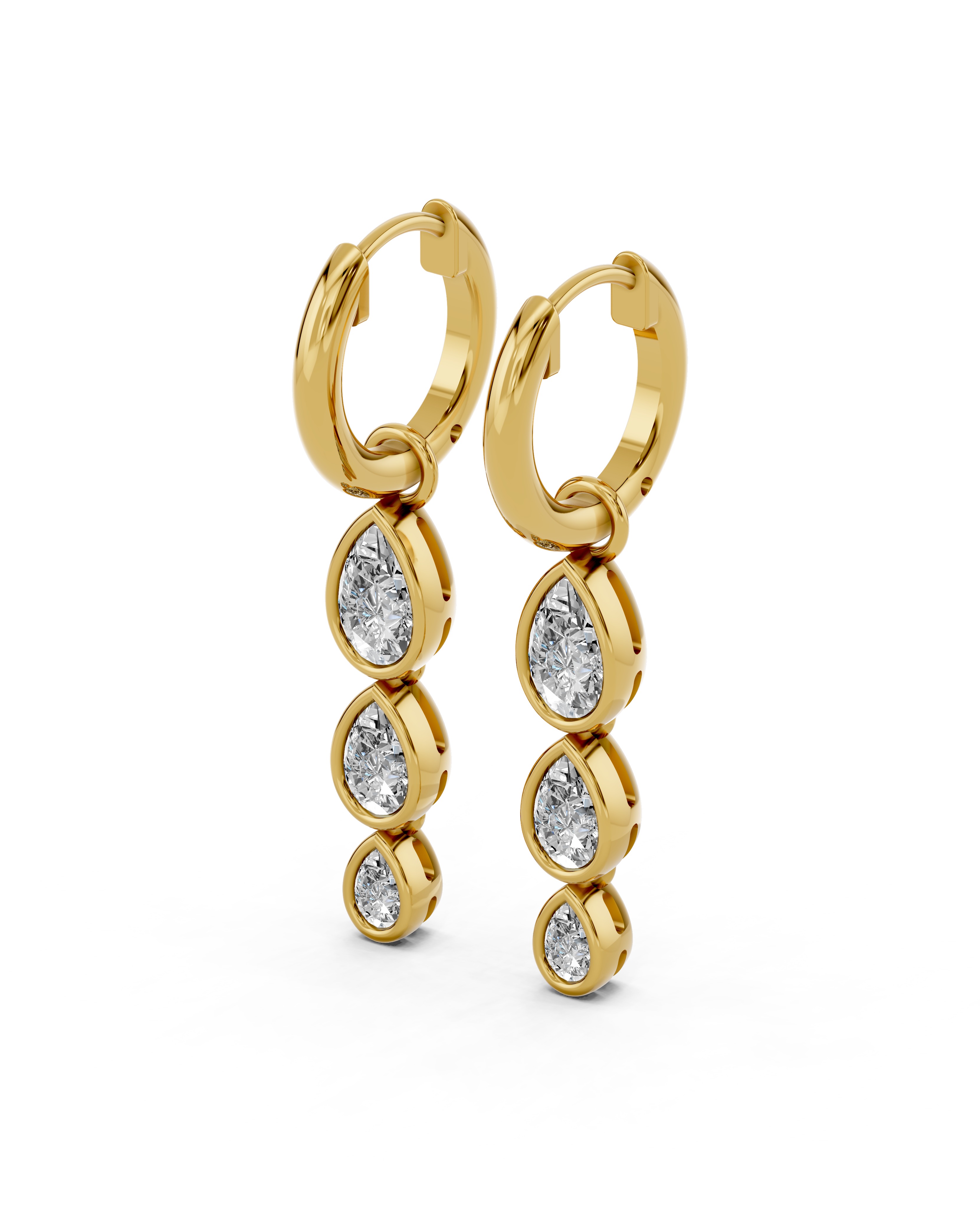 Bezel Triple Dangle Pear Lab Diamond Huggie Earrings