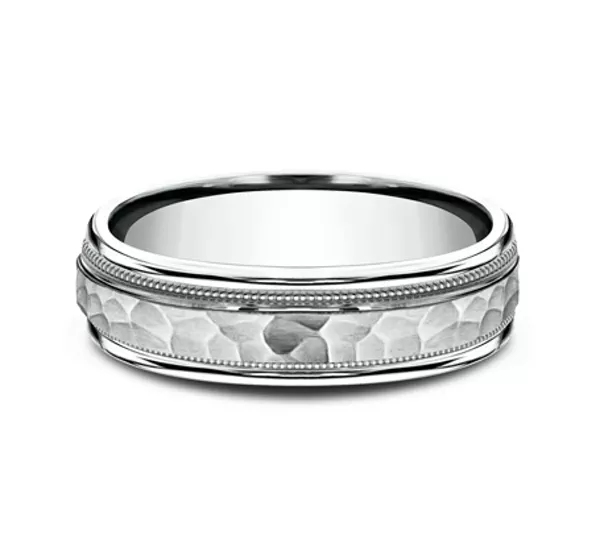 Hammered Center Drop Edge Milgrain Comfort-Fit Band (6mm)