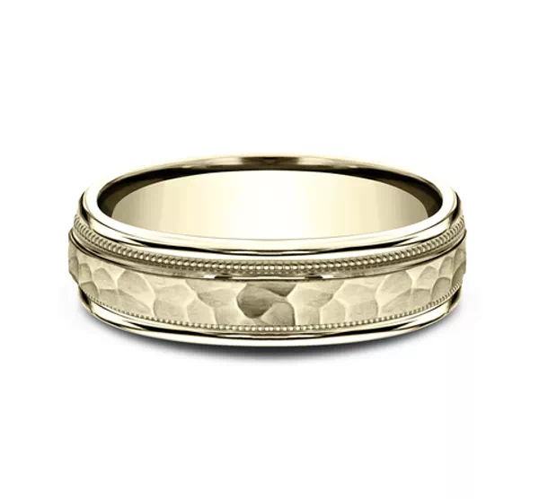 Hammered Center Drop Edge Milgrain Comfort-Fit Band (6mm)