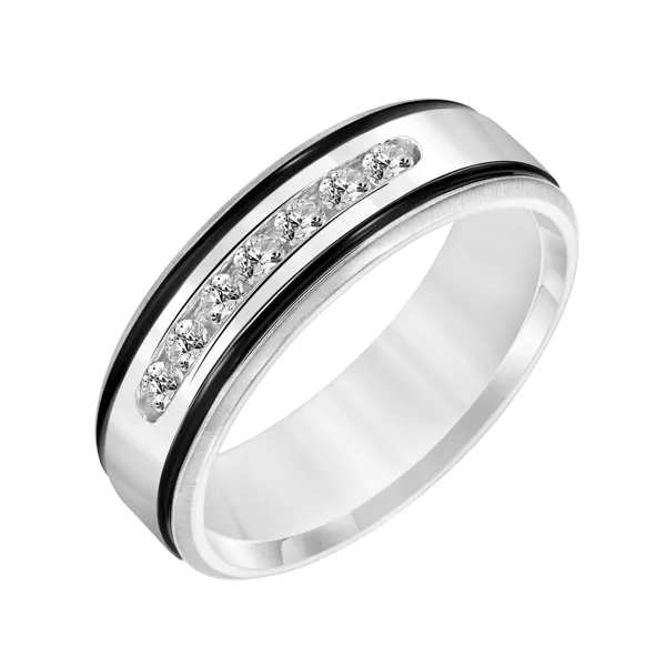 Diamond Channel Set Wedding Band with Black Stripes