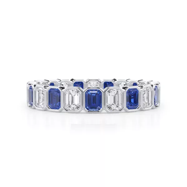 Sapphire and Diamond Emerald-Cut Bezel Eternity Band