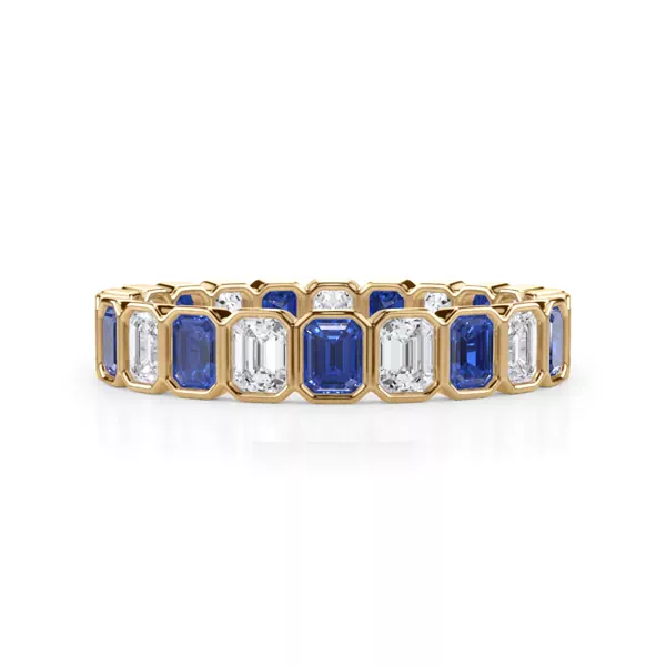 Sapphire and Diamond Emerald-Cut Bezel Eternity Band