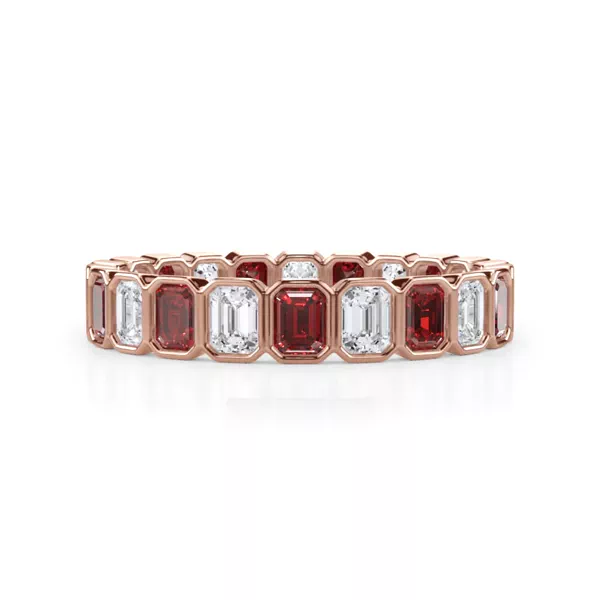 Ruby and Diamond Emerald-Cut Bezel Eternity Band