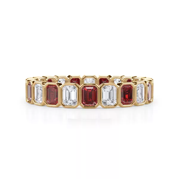 Lab Ruby and Lab Diamond Emerald-Cut Bezel Eternity Band