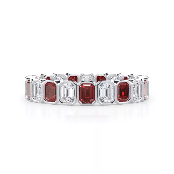 Lab Ruby and Lab Diamond Emerald-Cut Bezel Eternity Band