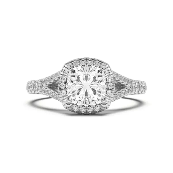 Clarissa Split Shank Halo Engagement Ring With 1.6 Carat Cushion Diamond