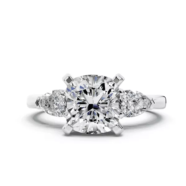 Madison Three-Stone Lab Pear Engagement Ring With 1.01 Carat Cushion Diamond