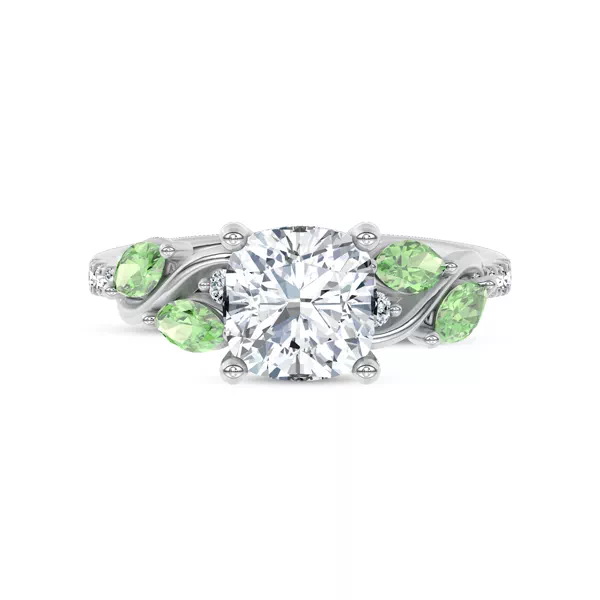 Hayden Curved Vine Tsavorite And Diamond Engagement Ring With 1.6 Carat Cushion Diamond