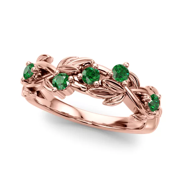 Flamenco Emerald Twisted Vine & Leaf Wedding Band