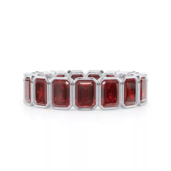 Lab Ruby Emerald-Cut Bezel Set Eternity Ring