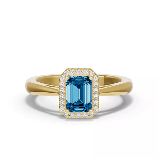 Emerald Blue Topaz Lab Diamond Halo Ring