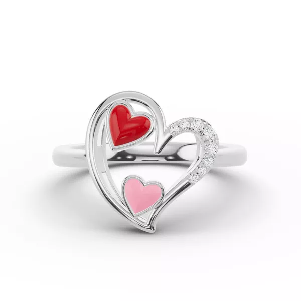 Duet Lab Pavé Heart Silver Ring – Red & Pink