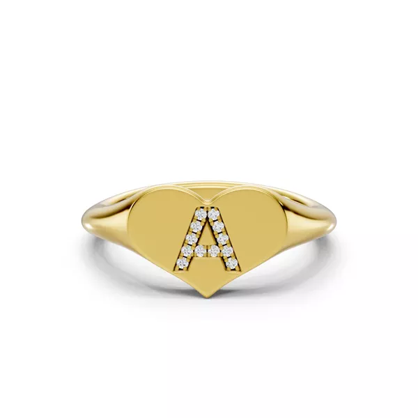 Heart Pavé Lab Diamond Initial Signet Ring - A