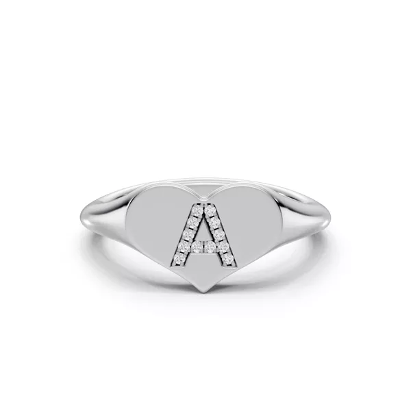 Heart Pavé Lab Diamond Initial Signet Silver Ring - A